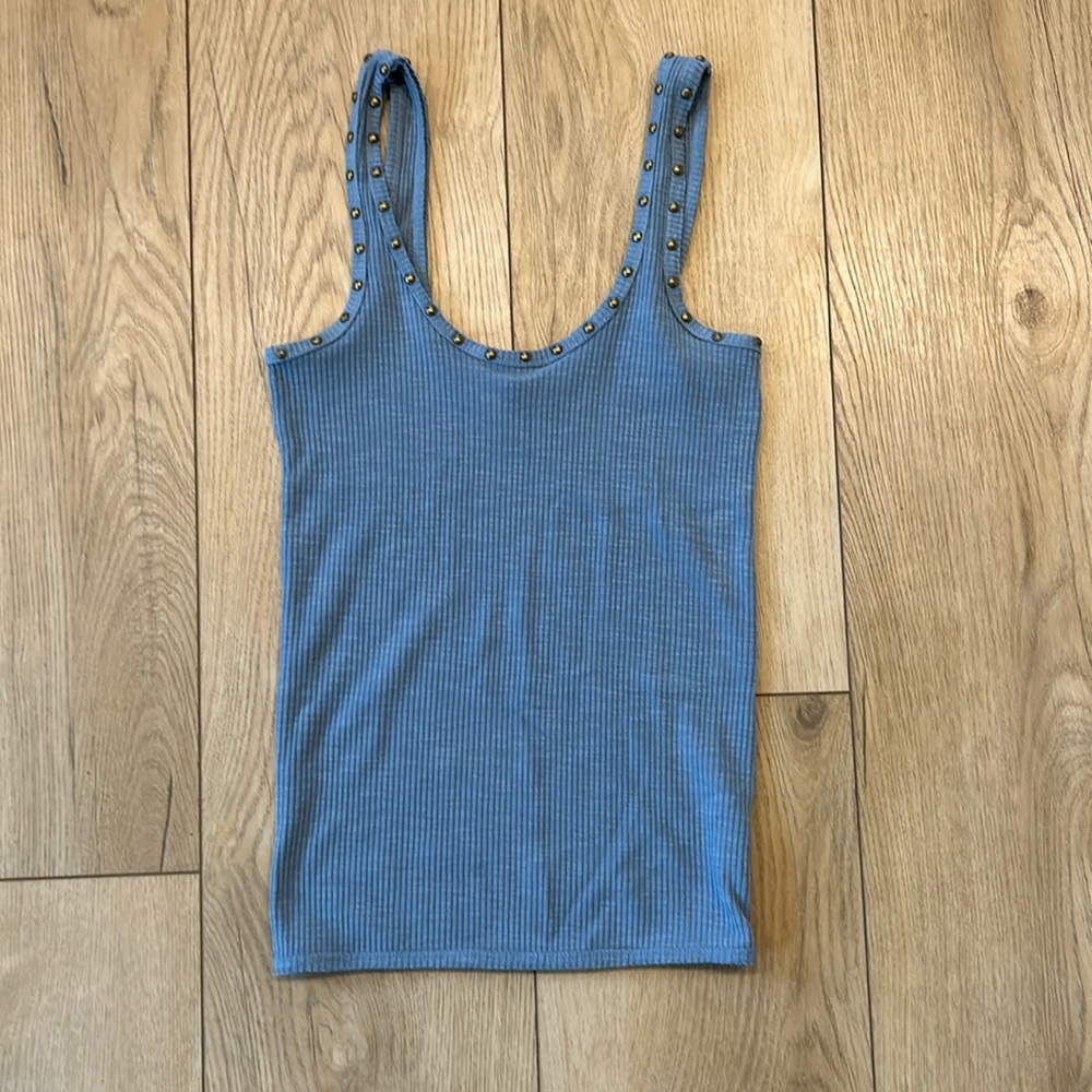 Blue Ribbed Tank Top with Brass Details on Hem
